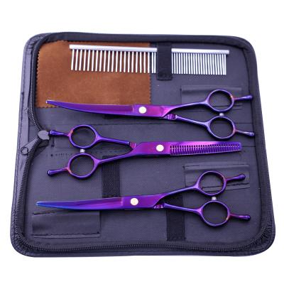 China Viable 7 Inch Color Coated Pet Curved Grooming Scissors Set Thinning Shears Dog Hair Cutting Straight Shears Tool Kit for sale