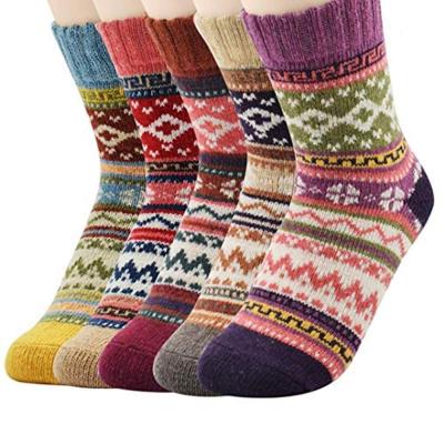 China Custom Fashion Antibacterial Multicolor Design Vintage Thick Wool Cotton Womens Socks Winter Warm Knitted Crew Socks for sale