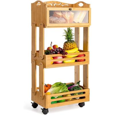 China Wholesale New Space Saving Kitchen Fruit Vegetable Bread Food Storage Box Rack Wooden Bamboo Shelf With Wheel for sale