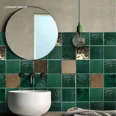 China 140*140 Nordic Bark Pattern Ceramic Kiln Changed Handmade Brick Tile Bathroom Bar Background Wall Tile Dark Green Toilet Bathroom Tile for sale