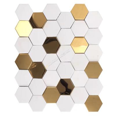 China Chinese Style White Gold Mosaics Metope Ornament Background Wall Stone 3d Hexagon Metal for sale