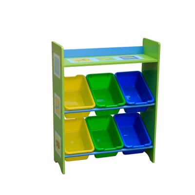 China Wholesale MDF+Pinewood Wooden Kids Storage Shelf With Plastic Bins for sale