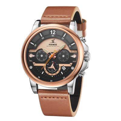 China New Arrival WEIDE Day/Date Men Watches Luxury Brand Men's Rose Gold Watch Soft Leather Strap Quartz Wrist Watch for sale