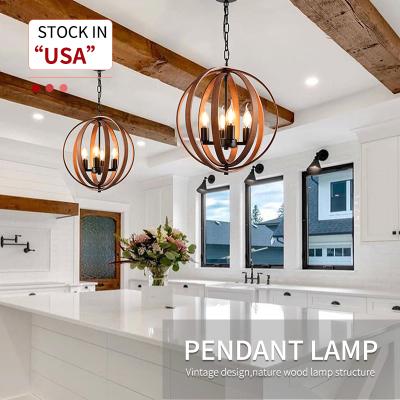 China Beautiful Stock in USA E12 Iron Indoor Hotel Round Restaurant Decoration Modern Nordic Wooden Chandelier Pendant Light for sale