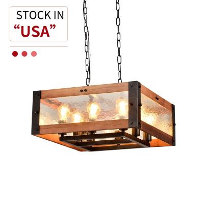 China Beautiful Stock In The USA Vintage Iron Glass Hotel Kitchen Pendant Light Home Decor Wooden Chandelier for sale