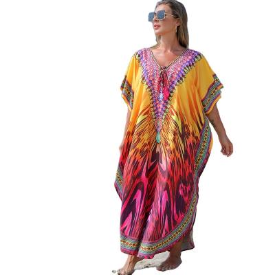 China Breathable Beach Cover Up Dress 2022 Korean Floral Printing Plus Size Chiffon Kaftan Dresses for sale