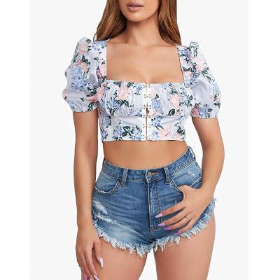 China Anti-pilling Women Fashion Tie Dye Square Neck Crop Sleeve Floral Print Short Top for sale