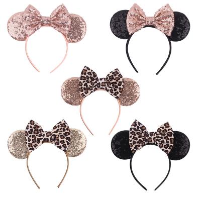 China Amazon hot selling European and American style in stock pretty sequins cute sequins children's gift costume Halloween sparkly mouse ear headband leopard bow mouse ear headband wholesale for sale