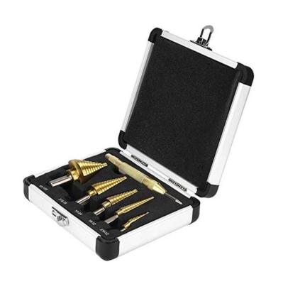 China 6PC HSS HOLE 50 SIZE STEP DRILL BIT STEEL MULTI SET SET WITH SA ALUMINUM CASE for sale