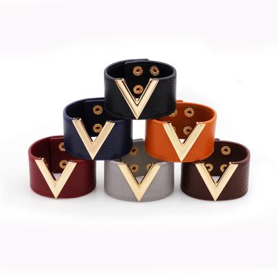 China Letter V Bracelet Multi Colors Women's Cuff Punk Leather Bangle Bracelet for sale