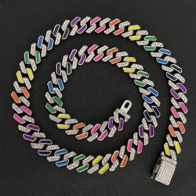 China Environmentally Friendly Colorful Rainbow Enamel Zirconia Ice Chains Hip Hop Cuban Link Necklace Chain Sets for sale