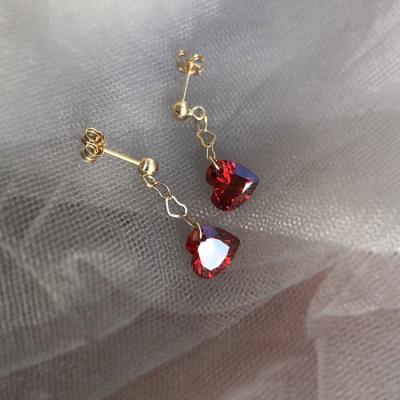 China Environmental Friendly 925 Sterling Silver Gold Plated Fashion Red Heart Rhinestone Ear Stud Drop Earrings for sale