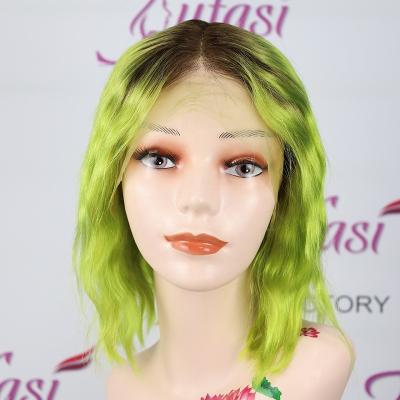 China Short Hair Bob Wigs Real Virgin Human Hair Green Color Body Wave Bob Wig Colorful Front Lace Wavy Bob Wig for sale