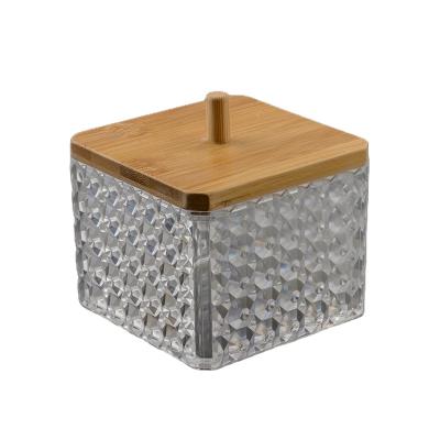 China Accept Cosmetics Cotton Swab Storage Bin With Bamboo Cover Storage Box Acrylic Cosmetic Container for sale