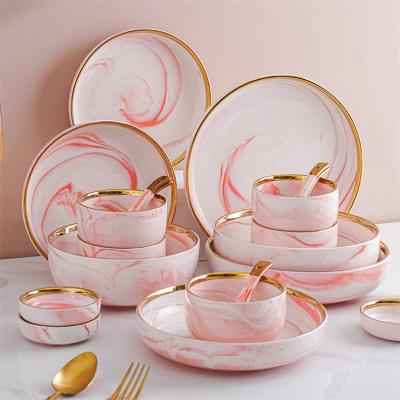 China Chaozhou Factory Supply Sustainable Western Luxury Good Price Pink Color Ceramic Dinnerware Set for sale