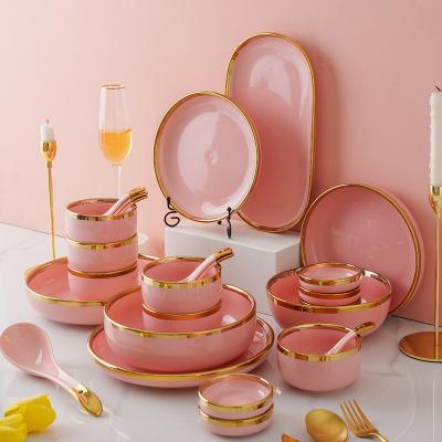 China Viable High Quality Cheap Dinnerware Set Customized Elegant Rose Color Porcelain Dish Ceramic Dinnerware Set for sale