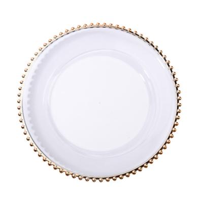 China Disposable Wedding Plastic Charger Dish Gold Beaded Decorative Dish Wedding Transparent Round Plastic Charger Dish for sale