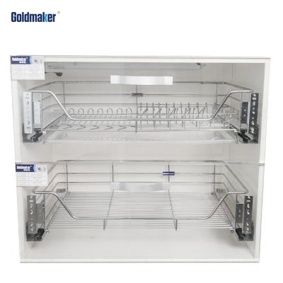 China Viable Pull Out Rack Sliding Dish Basket Cupboard Stainless Steel Kitchen Organizer Storage Drawer Basket for sale