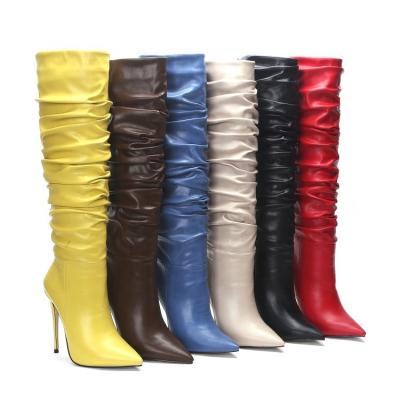 China Other 2022 New Arrival Wrinkled Pleated Knee High Boots Women Winter Stiletto Heels Autumn Winter Boots For Sexy Ladies for sale