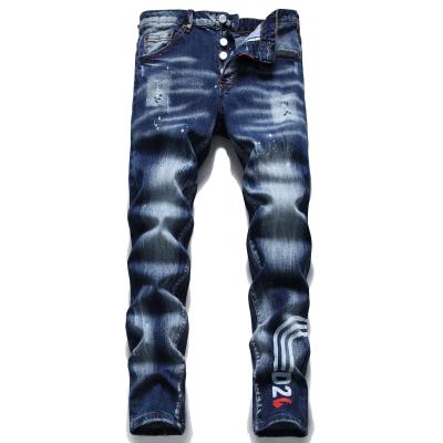 China RTS Waterproof Men's Designer Jeans Fashion Stretch Slim Spring Straight Summer Printed Dark Blue Skinny Jeans Long Pants Mens Jeans for sale