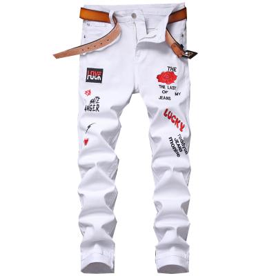 China RTS Waterproof Mens Jeans Casual White Men Fashion Flower And Bird Embroidered Pants Slim Fit Floral Skinny Pants High Quality Patches for sale