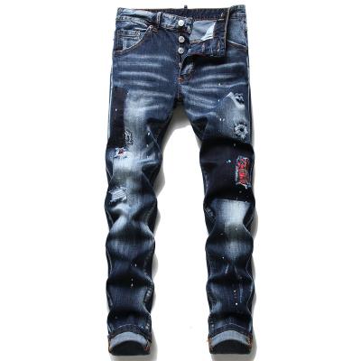 China 2021 New Waterproof Men's Skinny Slim Fit Painted Straight Ripped Pleated Distressed Knee Patch Denim Pants Stretch Jeans for sale