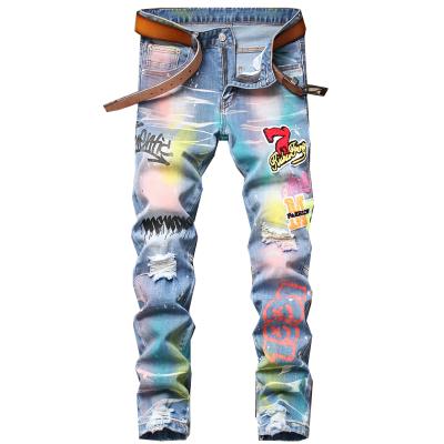 China Art Printing Patchwork Skinny Ripped Waterproof Men Retro Fitted Stretch Grunge Jeans, New Fashion Colorful Paint Printed Ripped Jeans for sale