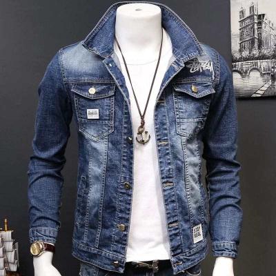 China Amazon waterproof men ripped pocket button denim jacket, blue light wash trucker jacket denim men's clothing, best denim jacket for men for sale