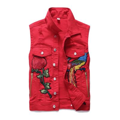 China Rose Embroidery Patchwork Slim Jean Vest Male Sleeveless Jackets Waterproof Mens Denim Vest, Hip Hop Red Color Oversized Denim Coat for sale