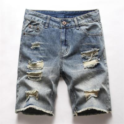 China RTS Breathable Old European and American Light Color Hole Stretch Denim Shorts Men Cat Whisker Washed Denim Shorts Men's Ripped, Summer Style for sale