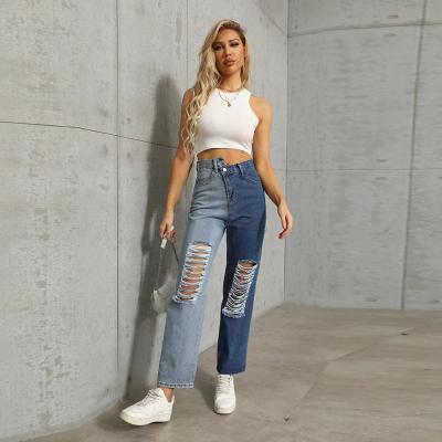 China Distressed Breathable Woman Colorful Waist High Tops Destroy Jeans Boyfriend Jeans Women Soft Light Blue Pants for sale