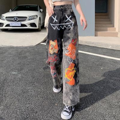 China New European and American waterproof plus printed loose loose high waist women's denim pants large size jeans for female for sale