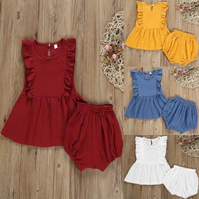 China Floating Sleeve Washable Top And Shorts Outfits Solid Color 2 Pcs Kids Summer Dressing Set Wholesale Kids Clothing Set for sale