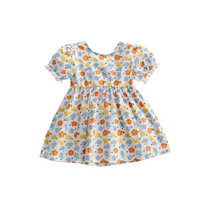 China High Quality Washable Summer Girl Flower Printed One Line Dress Kids Babies Short Sleeve T-shirts Dress Summer Floral Dress Kids Flower for sale