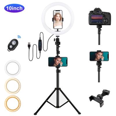 China 10 Inch 3 Modes 10 LED Selfie Ring Light PORTABLE dimmable brightness with retractable tripod for makeup photography youtube video for sale