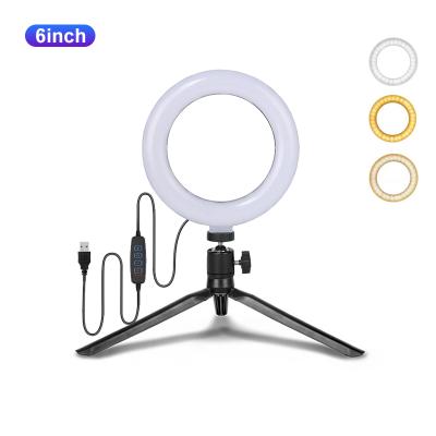 China Emission Live Youtube Facebook Tiktok 6 Thumb LED Ring Light with Adjustable Mobile Phone Desk Stand Tripod Tricolor Light for Live Video Selfie youtube Makeup for sale