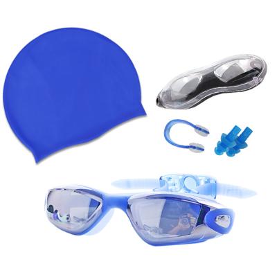 China Anti Fog UV Protection Waterproof Water Sports Sniff Clip Earplug Silicone Swim Cap Swimming Goggles Set for sale