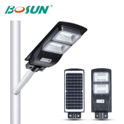 China With mono solar panel in high work efficiency > Hot sale BOSUN 21% outdoor waterproof ip65 70 180w all in one solar led street light 100 watt monocrystalline solar street light for sale