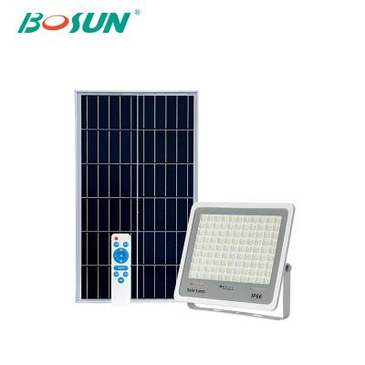 China With mono solar panel in high work efficiency > BOSUN outdoor waterproof ip67 21% remote control 100w 150w 200w solar led flood light for sale