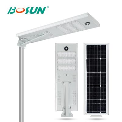 China With mono solar panel in high work efficiency > BOSUN 21% high quality ip65 40watt waterproof outdoor 50watt smart motion sensor integrated all in one solar led street light for sale