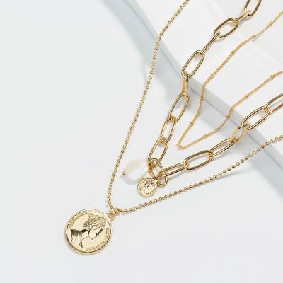 China Vintage Alloy Necklace Relief Layered Coin Pendant Portrait Of The Queen's Necklace for sale