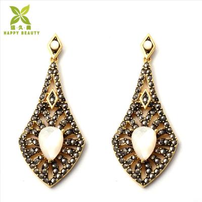 China Brass Lever Back Black Stone 18Kts Gold Plated Long Drop Earrings for sale