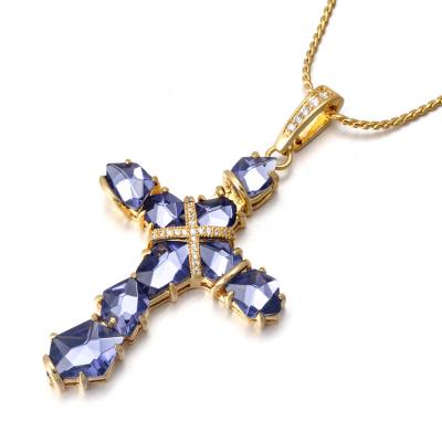 China Large Korean Brass Zirconia Fashion Jewelry Stone Cross Porcelain Making Cross Pendant Necklace for sale