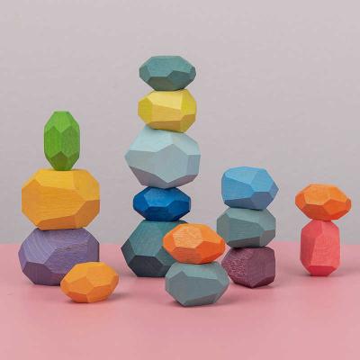 China Wooden Building Blocks Set Light Natural Balancing Colored Wooden Stones Stacking Play Rock Blocks Puzzle Educational Toy 17.5x11.5x5cm for sale