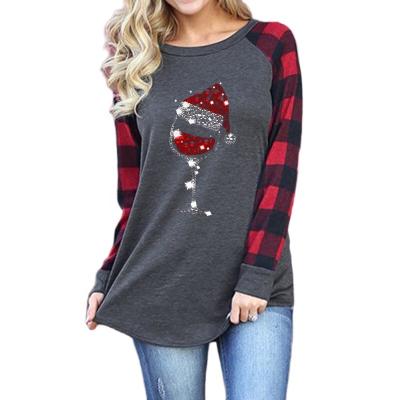 China The Other Other Christmas T-shirt Women's Winter R94 Printed Over The Tops Plaid Long Sleeve Color T-shirt Christmas Ladies Splicing T Shirt for sale