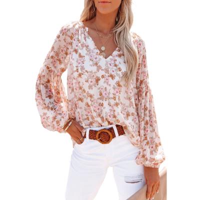 China SD514 Floral Print Drawstring Bell Sleeve Blouse Women's Other Summer Boho Other Long Beach Plus Size Casual Loose Blouse Tops for sale