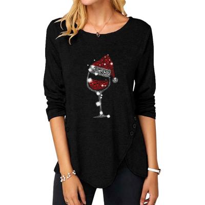 China Other Free Shipping Other Q177 Printed Womens T-Shirts Merry Christmas Irregular Tunic Clothes Long Sleeve O Neck Buttons Santa Oversized for sale