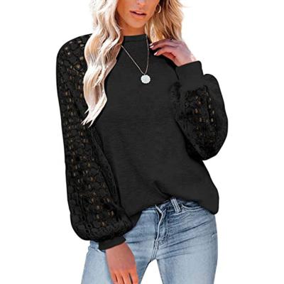 China Other Other Free Shipping Q175 Elegant Lace Patchwork Long Sleeve T-Shirts Women Vintage Hollow Out Solid Full O Neck Autumn Female Casual for sale