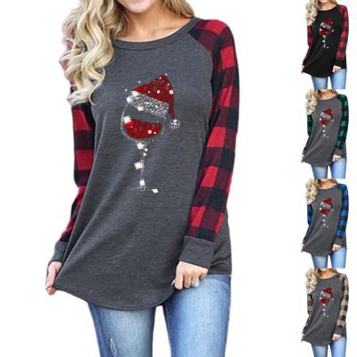 China Other Other Free Shipping Wine Glass Q173 Printed Christmas T-shirt Women Winter Tops Color Plaid Long Sleeve Splice Ladies T-shirt Christmas for sale