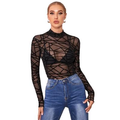 China Women'sTT-shirt transparent top anti-pilling mesh European and American fashion women's wear solid color long sleeve clothes for sale